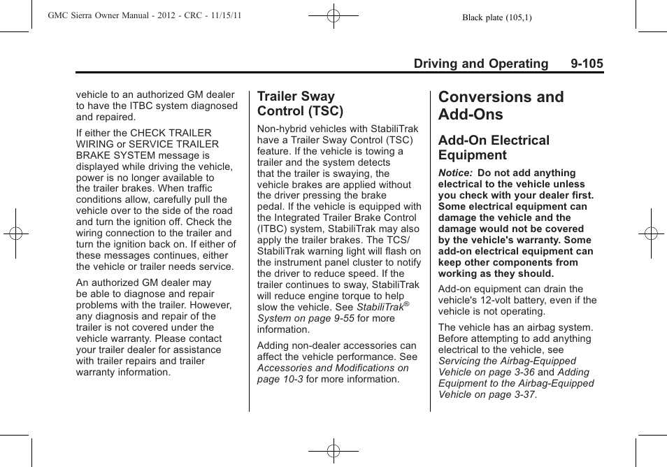 Trailer sway control (tsc), Conversions and add-ons, Add-on electrical equipment | Conversions and, Add-ons -105, And care, Trailer sway, Control (tsc) -105, Add-on electrical, Equipment -105 | GMC 2012 Sierra User Manual | Page 381 / 556