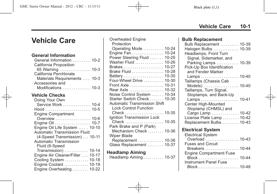 Vehicle care, Vehicle care -1, Vehicle care 10-1 | GMC 2012 Sierra User Manual | Page 387 / 556