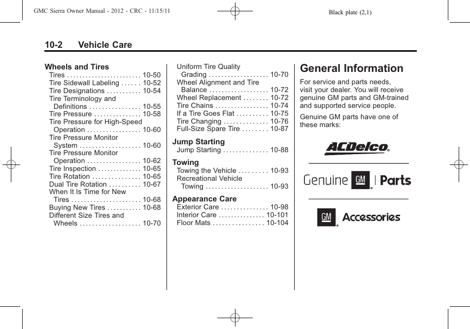 General information, General information -2, 2 vehicle care | GMC 2012 Sierra User Manual | Page 388 / 556