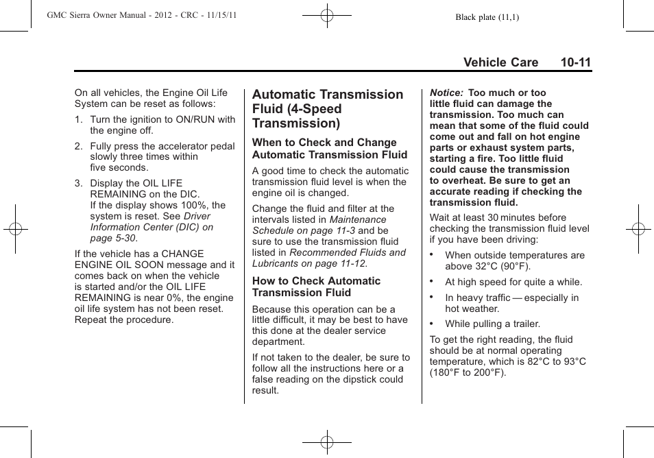 Automatic transmission fluid, Speed transmission) -11, Wiper | Vehicle care 10-11 | GMC 2012 Sierra User Manual | Page 397 / 556