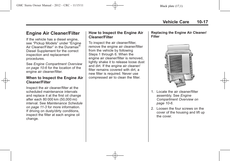 Engine air cleaner/filter, Engine air cleaner/filter -17, Engine air cleaner/filter on | Vehicle care 10-17 | GMC 2012 Sierra User Manual | Page 403 / 556