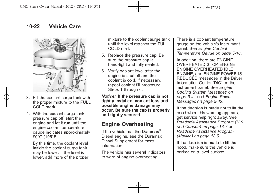 Engine overheating, Engine overheating -22, 22 vehicle care | GMC 2012 Sierra User Manual | Page 408 / 556