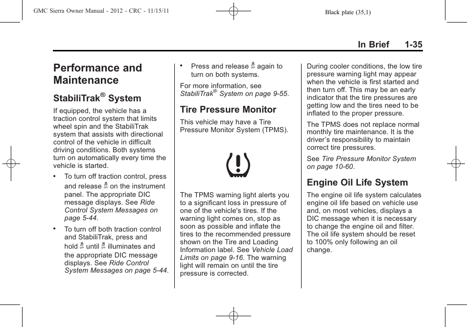 Performance and maintenance, Stabilitrak® system, Tire pressure monitor | Engine oil life system, Performance and, Maintenance -35, Storage compartments, System -35, Stabilitrak, System | GMC 2012 Sierra User Manual | Page 41 / 556