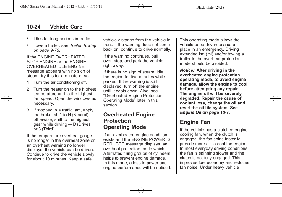 Overheated engine protection operating mode, Engine fan, Overheated engine | Protection operating mode -24, Engine fan -24, 24 vehicle care | GMC 2012 Sierra User Manual | Page 410 / 556