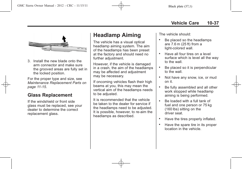 Glass replacement, Headlamp aiming, Headlamp aiming -37 | Glass replacement -37, Vehicle care 10-37 | GMC 2012 Sierra User Manual | Page 423 / 556