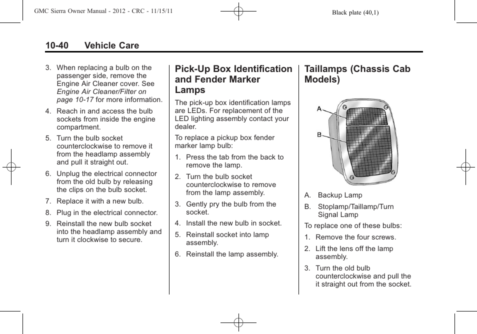 Pick-up box identification and fender marker lamps, Taillamps (chassis cab models), Box identification | And fender marker lamps -40, Taillamps (chassis cab, Models) -40, 40 vehicle care | GMC 2012 Sierra User Manual | Page 426 / 556