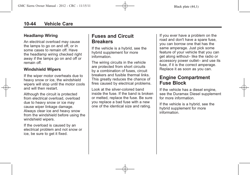 Fuses and circuit breakers, Engine compartment fuse block, Fuses and circuit | Breakers -44, Engine compartment fuse, Block -44 | GMC 2012 Sierra User Manual | Page 430 / 556