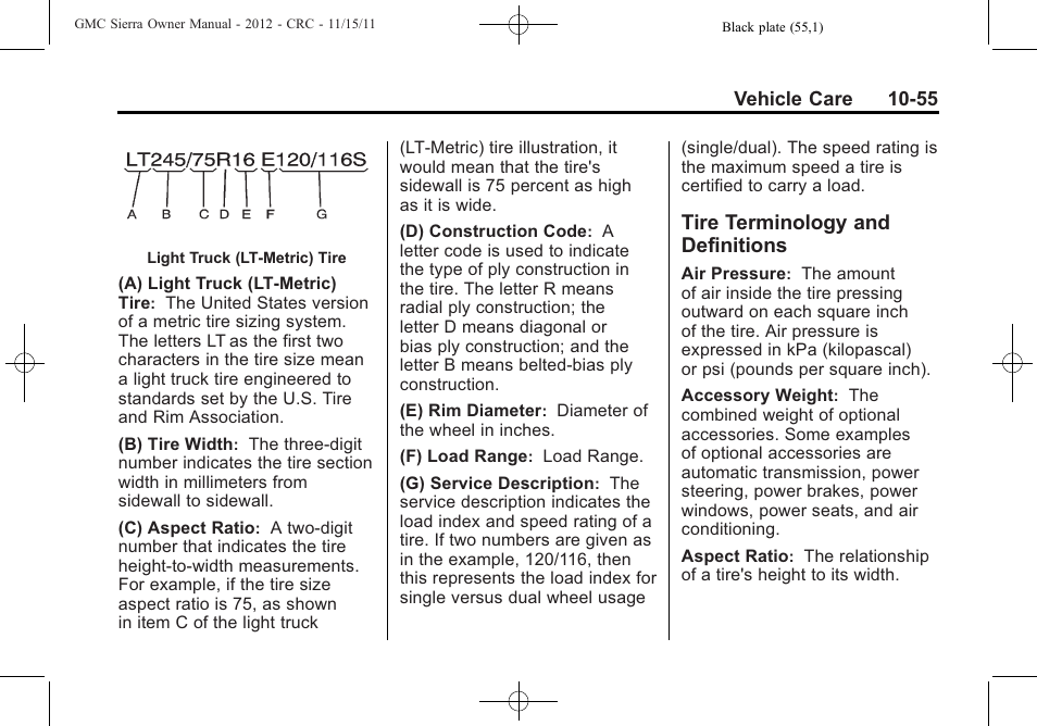 Tire terminology and definitions, Tire terminology and, Definitions -55 | GMC 2012 Sierra User Manual | Page 441 / 556