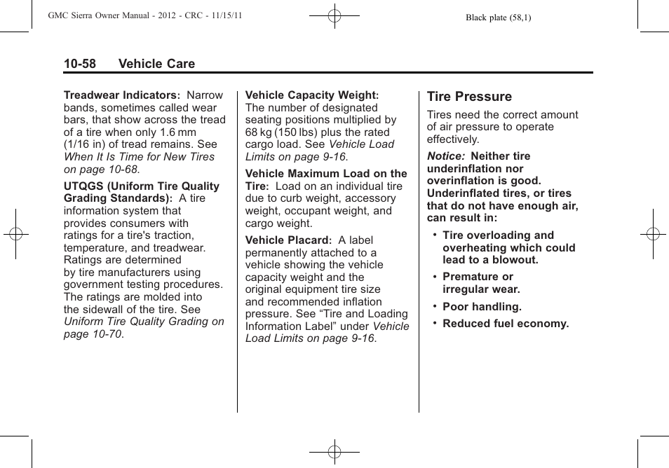Tire pressure, Tire pressure -58, 58 vehicle care | GMC 2012 Sierra User Manual | Page 444 / 556