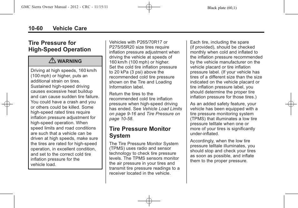 Tire pressure for high-speed operation, Tire pressure monitor system, Tire pressure for high-speed | Operation -60, Tire pressure monitor, System -60 | GMC 2012 Sierra User Manual | Page 446 / 556