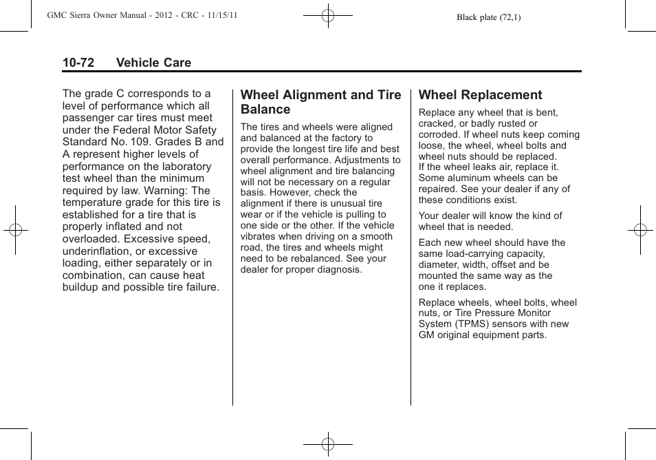 Wheel alignment and tire balance, Wheel replacement, Wheel alignment and tire | Balance -72, Wheel replacement -72 | GMC 2012 Sierra User Manual | Page 458 / 556