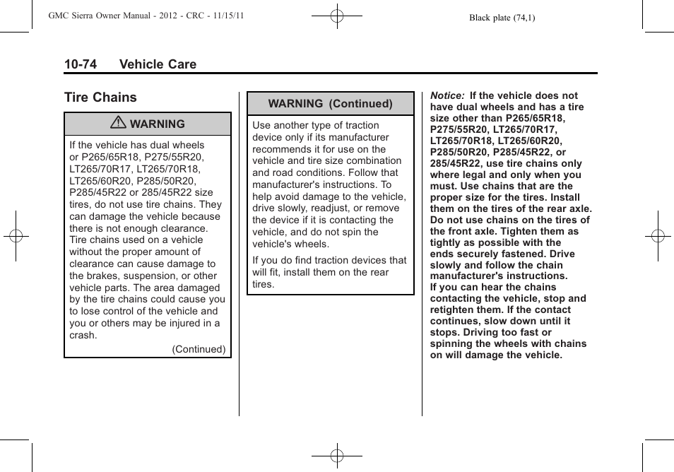 Tire chains, Tire chains -74 | GMC 2012 Sierra User Manual | Page 460 / 556