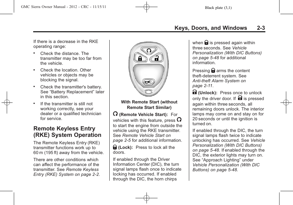 Remote keyless entry (rke) system operation, Remote keyless entry (rke), System operation -3 | Exterior | GMC 2012 Sierra User Manual | Page 47 / 556