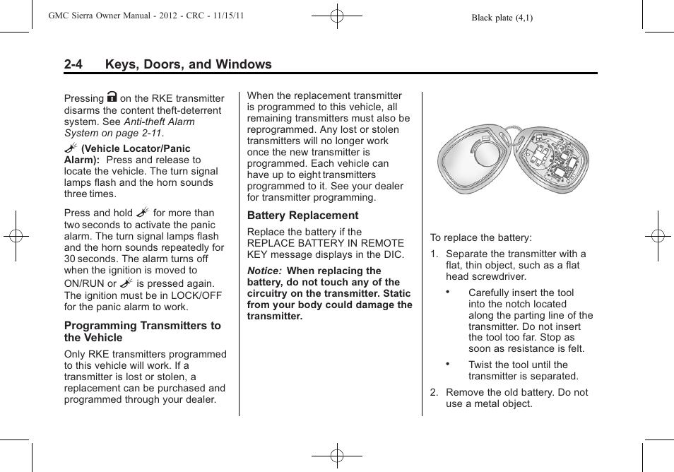 4 keys, doors, and windows | GMC 2012 Sierra User Manual | Page 48 / 556