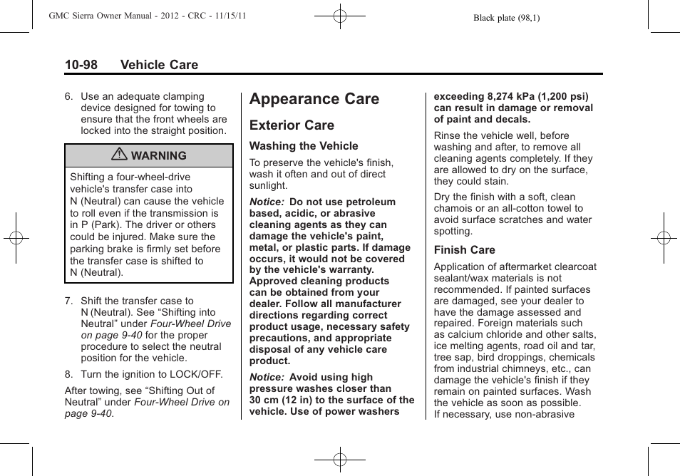 Appearance care, Exterior care, Appearance care -98 | Exterior care -98 | GMC 2012 Sierra User Manual | Page 484 / 556