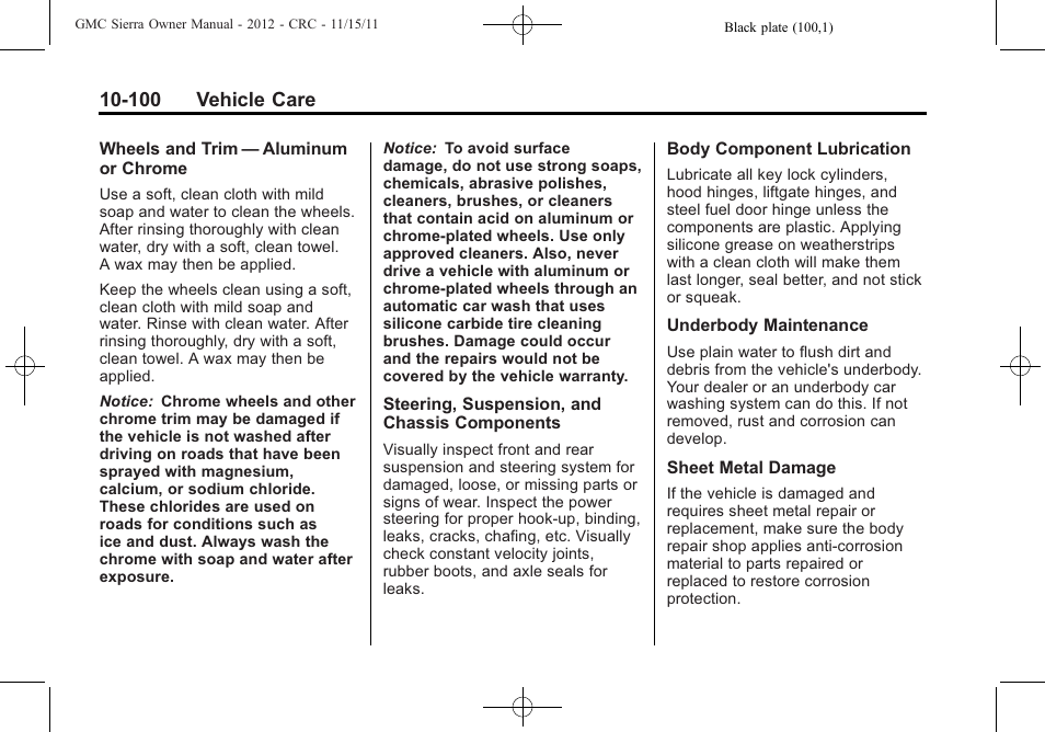 100 vehicle care | GMC 2012 Sierra User Manual | Page 486 / 556