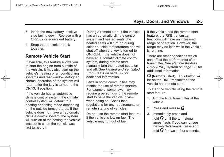 Remote vehicle start, Remote vehicle start -5 | GMC 2012 Sierra User Manual | Page 49 / 556