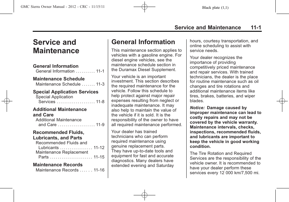 Service and maintenance, General information, And maintenance -1 | General information -1 | GMC 2012 Sierra User Manual | Page 491 / 556