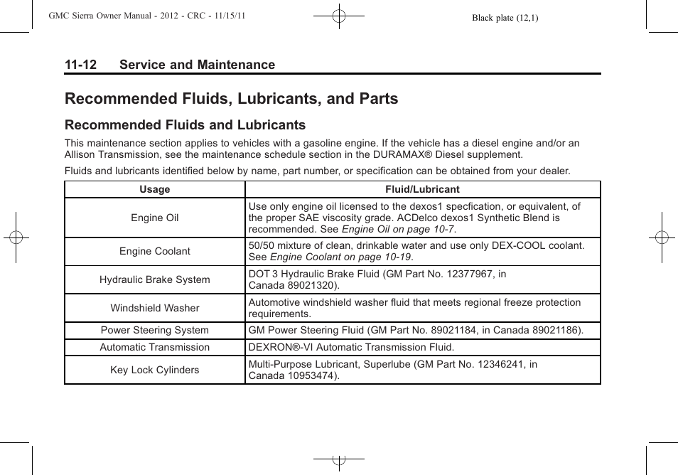 Recommended fluids, lubricants, and parts, Recommended fluids and lubricants, Recommended fluids | Lubricants, and parts -12, Onstar, Recommended fluids and, Lubricants -12 | GMC 2012 Sierra User Manual | Page 502 / 556