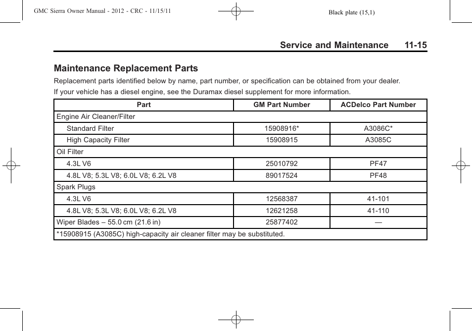 Maintenance replacement parts, Maintenance replacement, Parts -15 | Service and maintenance 11-15 | GMC 2012 Sierra User Manual | Page 505 / 556