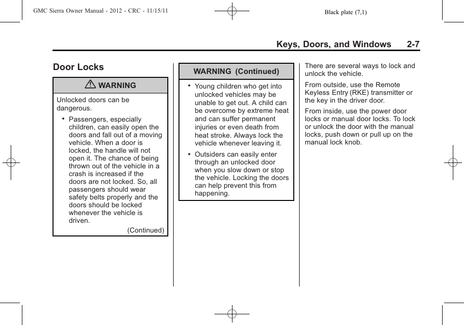 Door locks, Door locks -7, Keys, doors, and windows 2-7 | GMC 2012 Sierra User Manual | Page 51 / 556
