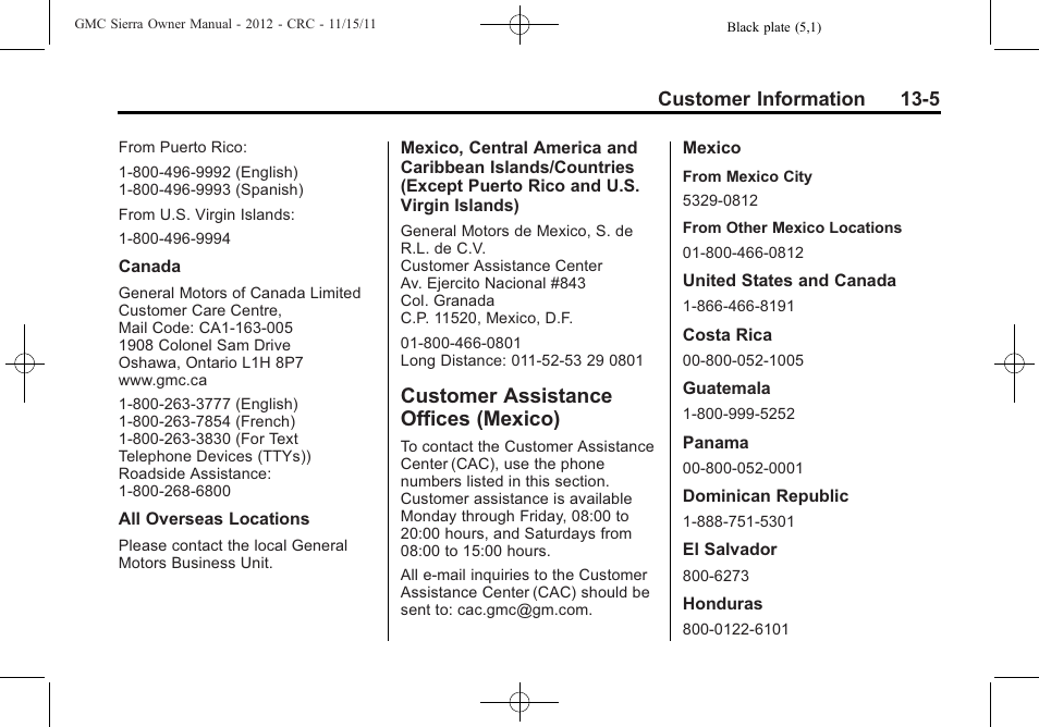 Customer assistance offices (mexico), Customer assistance offices, Mexico) -5 | Reporting safety, Customer information 13-5 | GMC 2012 Sierra User Manual | Page 519 / 556