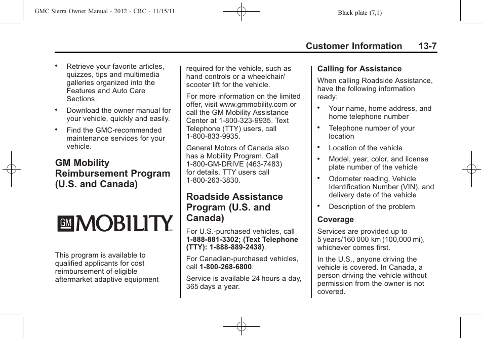 Roadside assistance program (u.s. and canada), Gm mobility reimbursement, Program (u.s. and canada) -7 | Roadside assistance program, U.s. and canada) -7, Navigation, Customer information 13-7 | GMC 2012 Sierra User Manual | Page 521 / 556