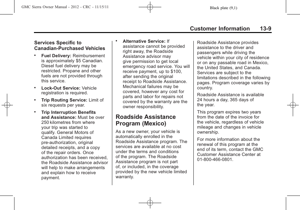 Roadside assistance program (mexico), Roadside assistance program, Mexico) -9 | Customer information 13-9 | GMC 2012 Sierra User Manual | Page 523 / 556