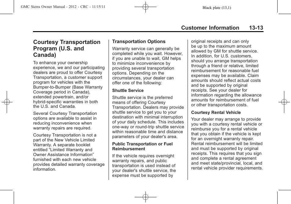 Courtesy transportation program (u.s. and canada), Courtesy transportation, Program (u.s. and canada) -13 | GMC 2012 Sierra User Manual | Page 527 / 556