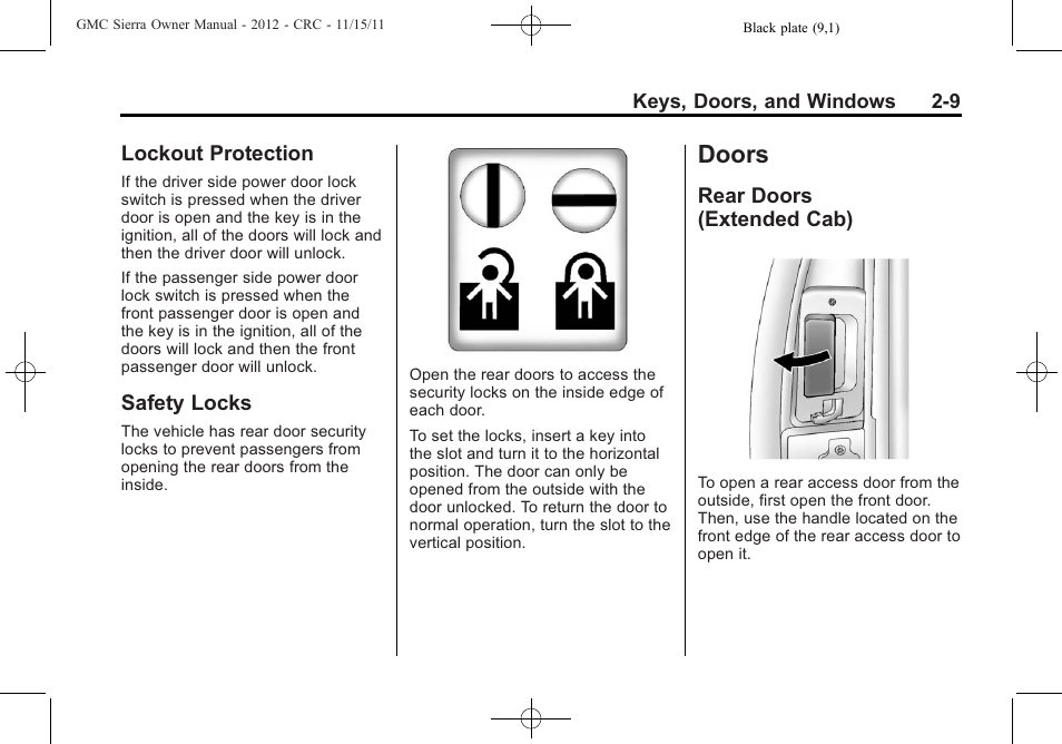 Lockout protection, Safety locks, Doors | Rear doors (extended cab), Doors -9, Indicators, Lockout protection -9 safety locks -9, Rear doors, Extended cab) -9 | GMC 2012 Sierra User Manual | Page 53 / 556