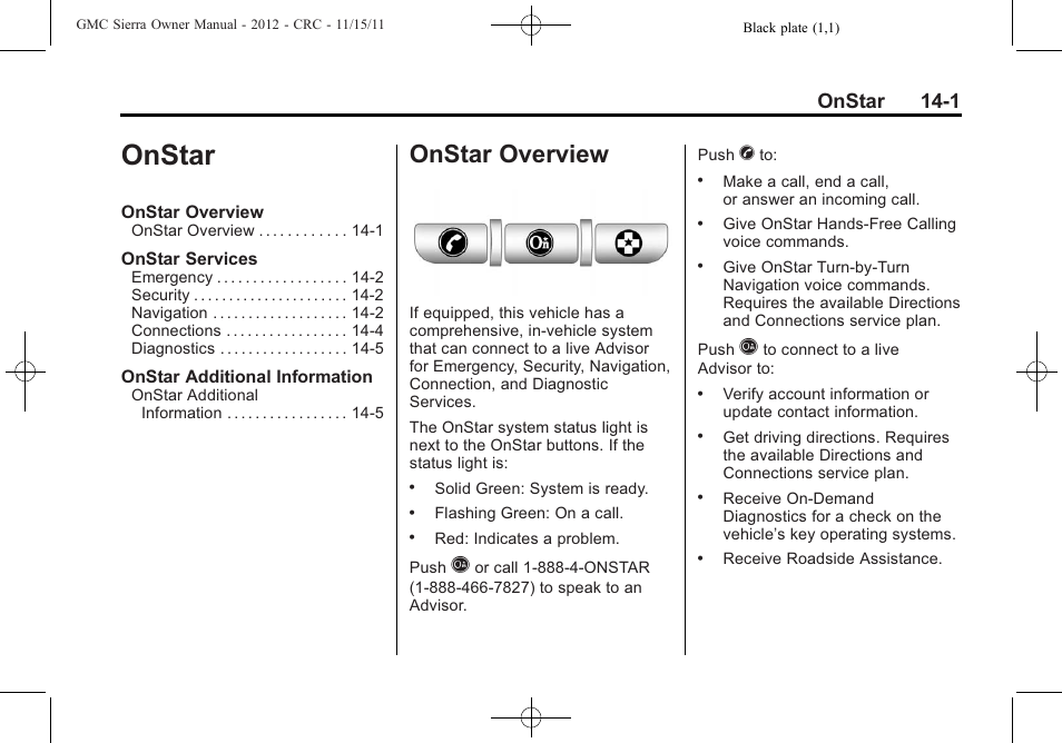 Onstar, Onstar overview, Onstar overview -1 | Onstar 14-1 | GMC 2012 Sierra User Manual | Page 535 / 556