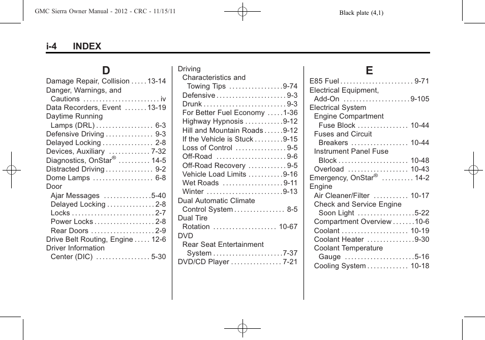 Index_d, Index_e, I-4 index | GMC 2012 Sierra User Manual | Page 546 / 556