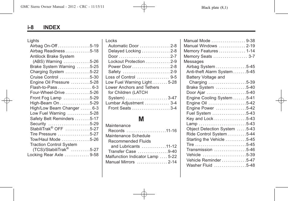 Index_m, I-8 index | GMC 2012 Sierra User Manual | Page 550 / 556