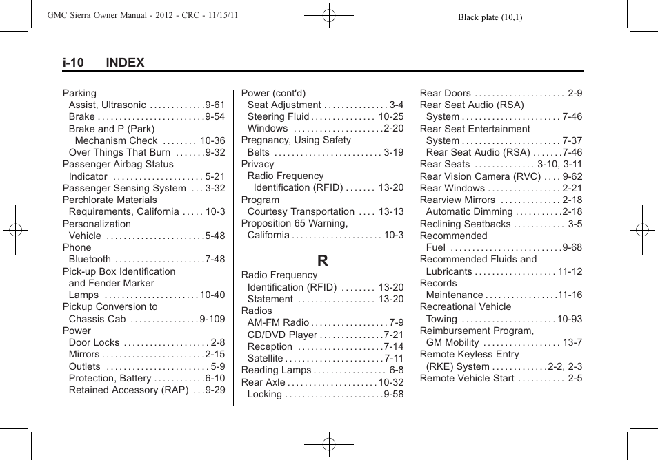 Index_r, I-10 index | GMC 2012 Sierra User Manual | Page 552 / 556