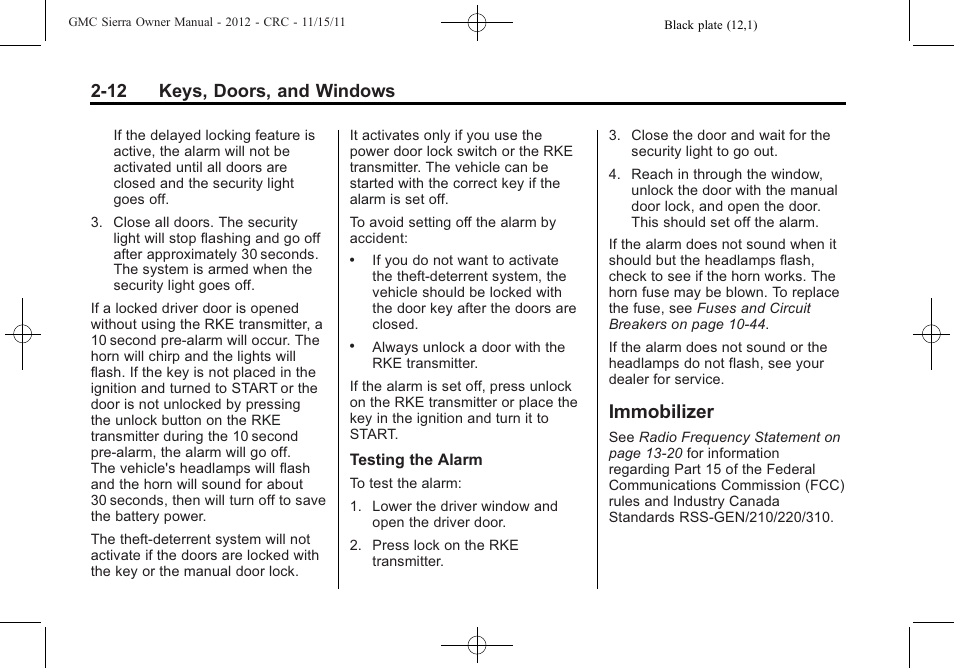 Immobilizer, Immobilizer -12, 12 keys, doors, and windows | GMC 2012 Sierra User Manual | Page 56 / 556