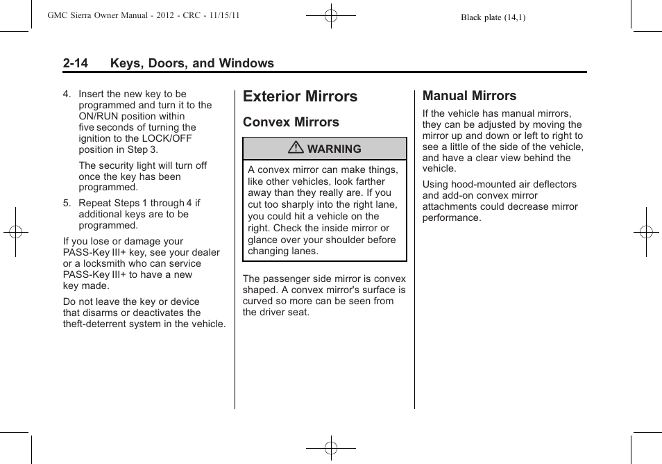Exterior mirrors, Convex mirrors, Manual mirrors | Exterior mirrors -14, Convex mirrors -14 manual mirrors -14 | GMC 2012 Sierra User Manual | Page 58 / 556
