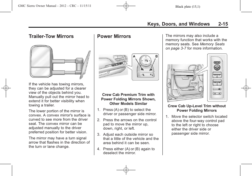 Trailer-tow mirrors, Power mirrors, Trailer-tow mirrors -15 power mirrors -15 | GMC 2012 Sierra User Manual | Page 59 / 556