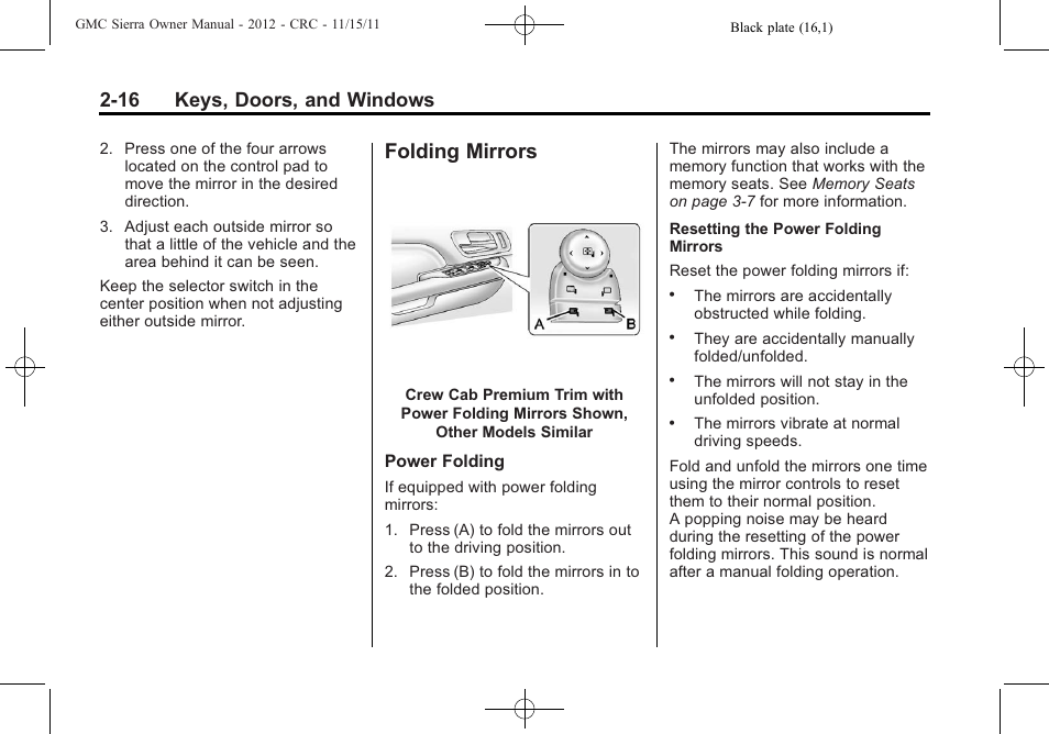 Folding mirrors, Folding mirrors -16, 16 keys, doors, and windows | GMC 2012 Sierra User Manual | Page 60 / 556