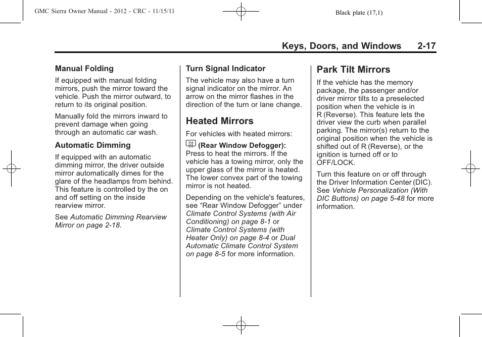 Heated mirrors, Park tilt mirrors, Heated mirrors -17 park tilt mirrors -17 | GMC 2012 Sierra User Manual | Page 61 / 556