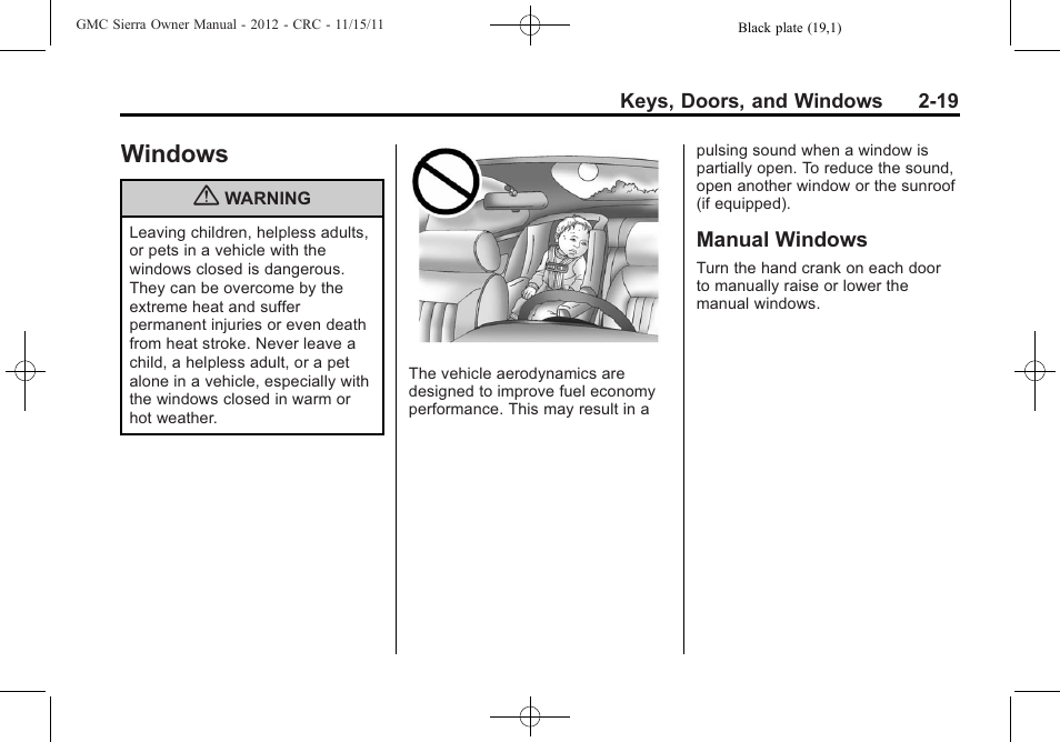 Windows, Manual windows, Windows -19 | Windows -19 manual windows -19 | GMC 2012 Sierra User Manual | Page 63 / 556