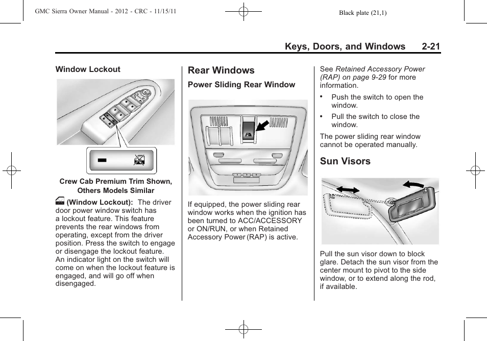 Rear windows, Sun visors, Rear windows -21 sun visors -21 | Keys, doors, and windows 2-21 | GMC 2012 Sierra User Manual | Page 65 / 556