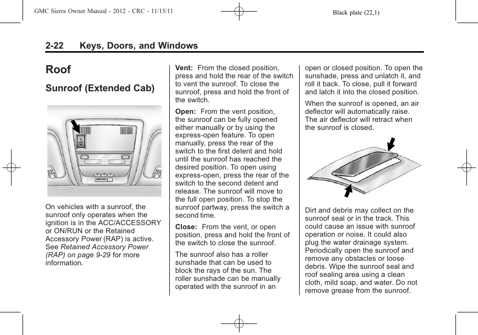 Roof, Sunroof (extended cab), Roof -22 | Lighting, Sunroof (extended cab) -22 | GMC 2012 Sierra User Manual | Page 66 / 556