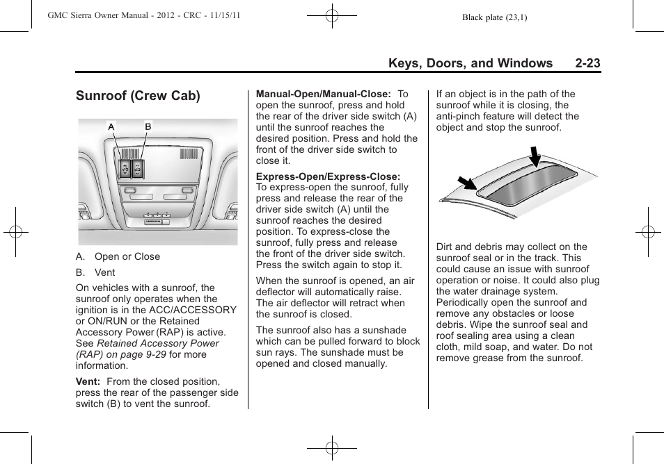 Sunroof (crew cab), Sunroof (crew cab) -23 | GMC 2012 Sierra User Manual | Page 67 / 556