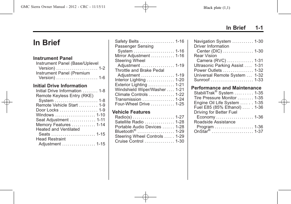 In brief, In brief -1 | GMC 2012 Sierra User Manual | Page 7 / 556