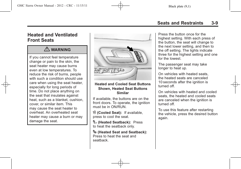 Heated and ventilated front seats, Heated and ventilated front, Seats -9 | GMC 2012 Sierra User Manual | Page 77 / 556