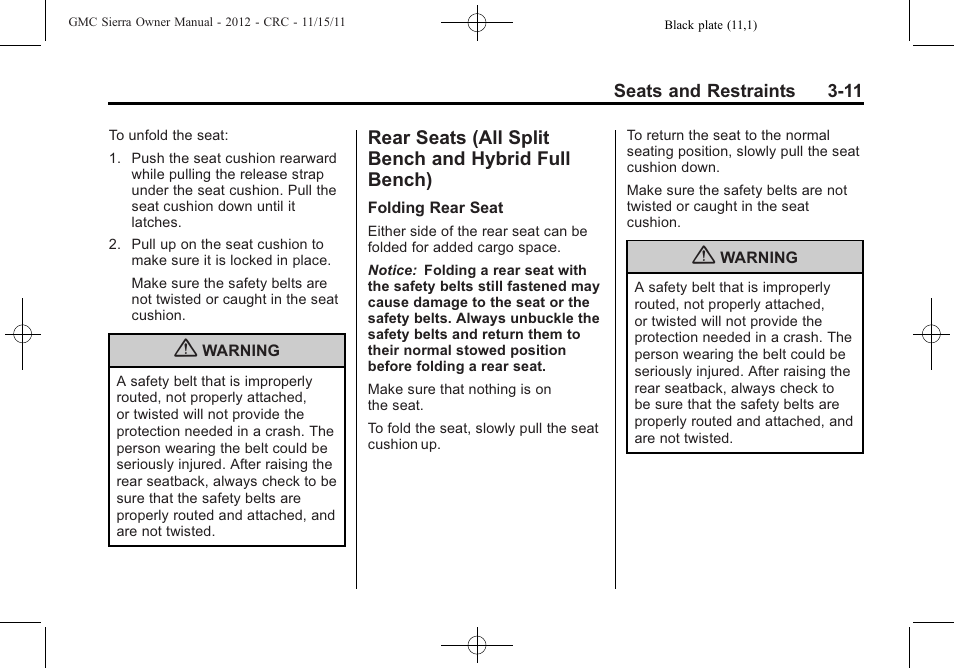 Rear seats (all split bench and hybrid full bench), Rear seats (all split bench, And hybrid full bench) -11 | GMC 2012 Sierra User Manual | Page 79 / 556