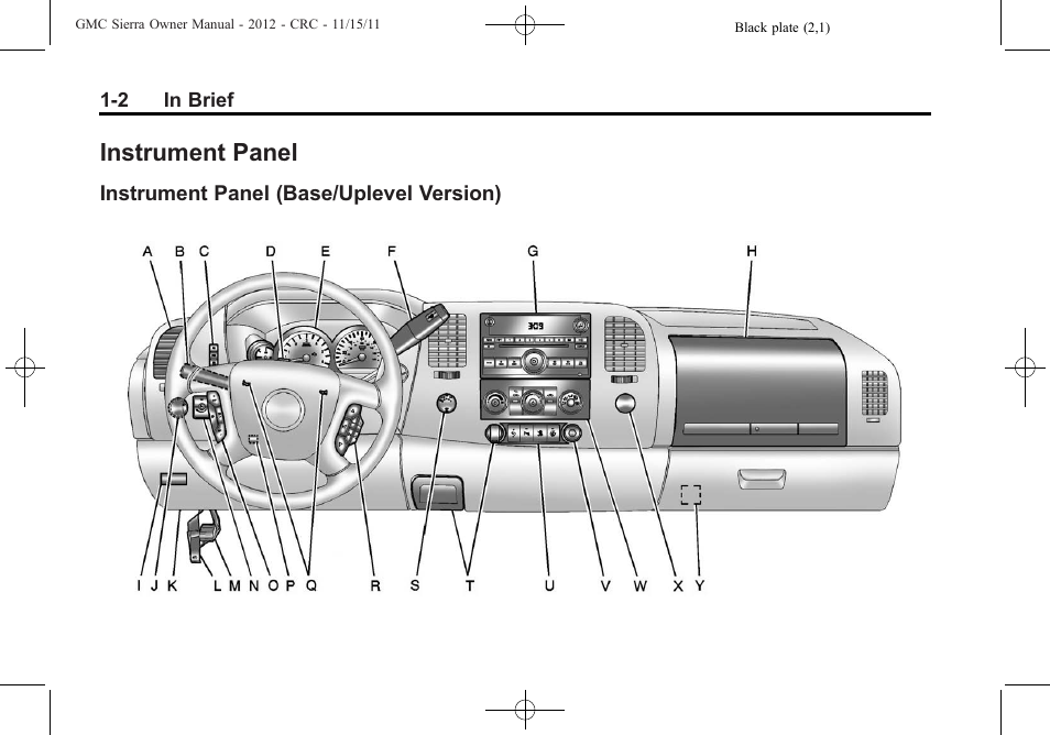 Instrument panel, Instrument panel (base/uplevel version), Instrument panel -2 | Airbag, Instrument panel (base/uplevel, Version) -2 | GMC 2012 Sierra User Manual | Page 8 / 556