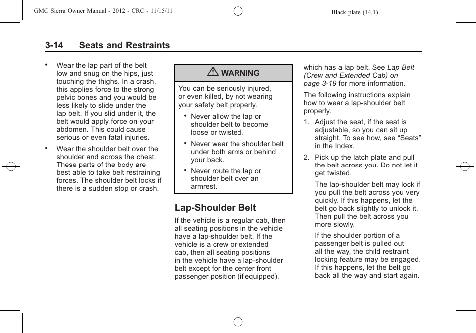 Lap-shoulder belt, Lap-shoulder belt -14, 14 seats and restraints | GMC 2012 Sierra User Manual | Page 82 / 556