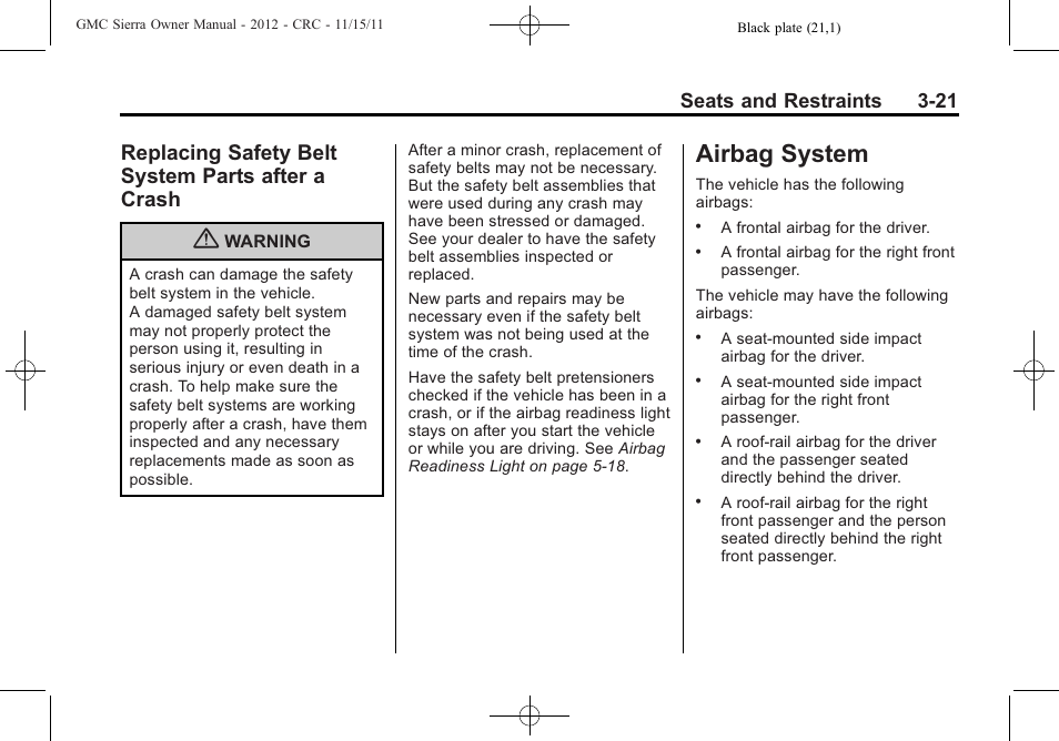 Replacing safety belt system parts after a crash, Airbag system, System -21 | Introduction, Replacing safety belt system, Parts after a crash -21, Airbag system -21, Seats and restraints 3-21 | GMC 2012 Sierra User Manual | Page 89 / 556