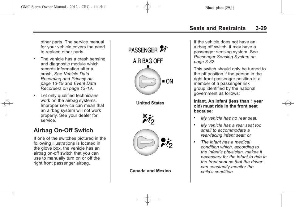 Airbag on-off switch, Airbag on-off switch -29, Seats and restraints 3-29 | GMC 2012 Sierra User Manual | Page 97 / 556